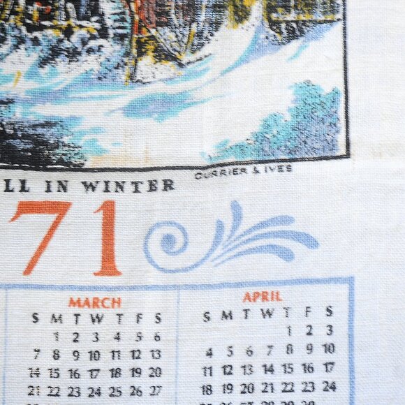 Vintage 1971 Linen Calendar Towel 'Old Mill in Winter' Currier & Ives Watermill - Picture 6 of 8